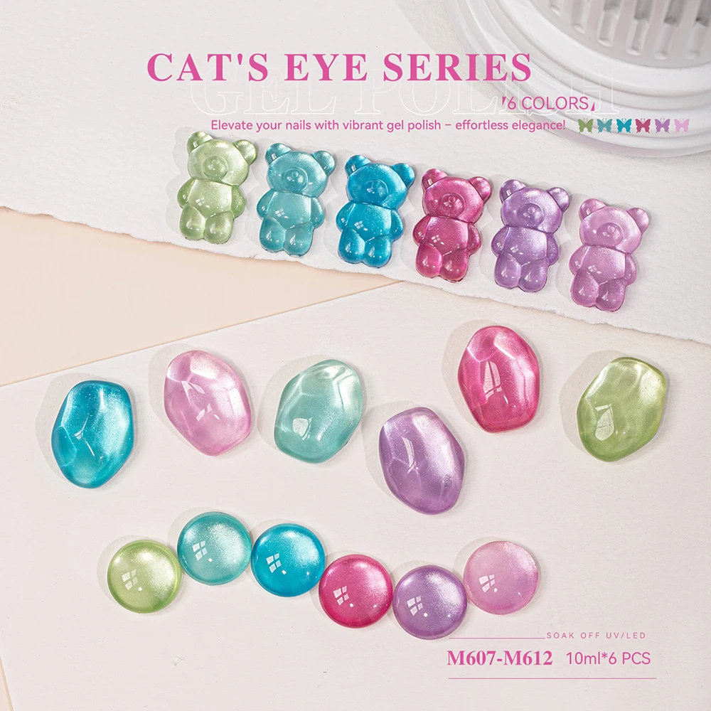 Vendeeni 6 Colors/Set Pink Blue Macarons Crystal Cat Eye Gel Nail Polish Glass Beads Magnetic Gel Varnish With Color Card 10ml