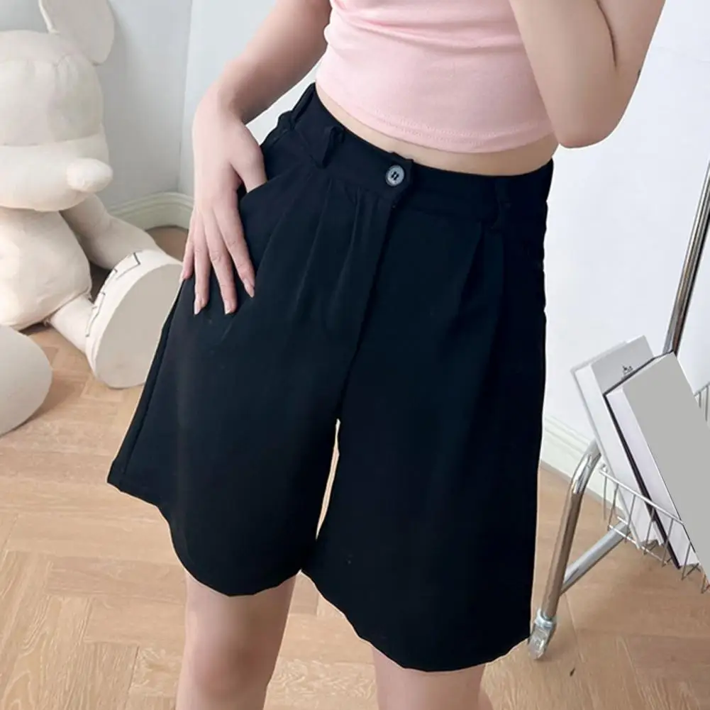 Women\'s Summer Shorts Loose Casual Suit Short Pants Girl Solid Color Pink Sky Blue Knee Length Button High Waisted Shorts 반바지