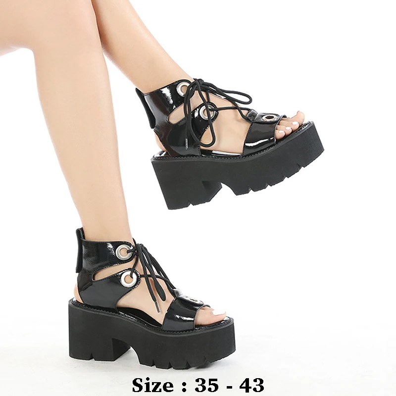 

High quality summer thick soles patent leather sandals for women 8.5cm high heel 2025 35 43 platform open toe fashion shoe black