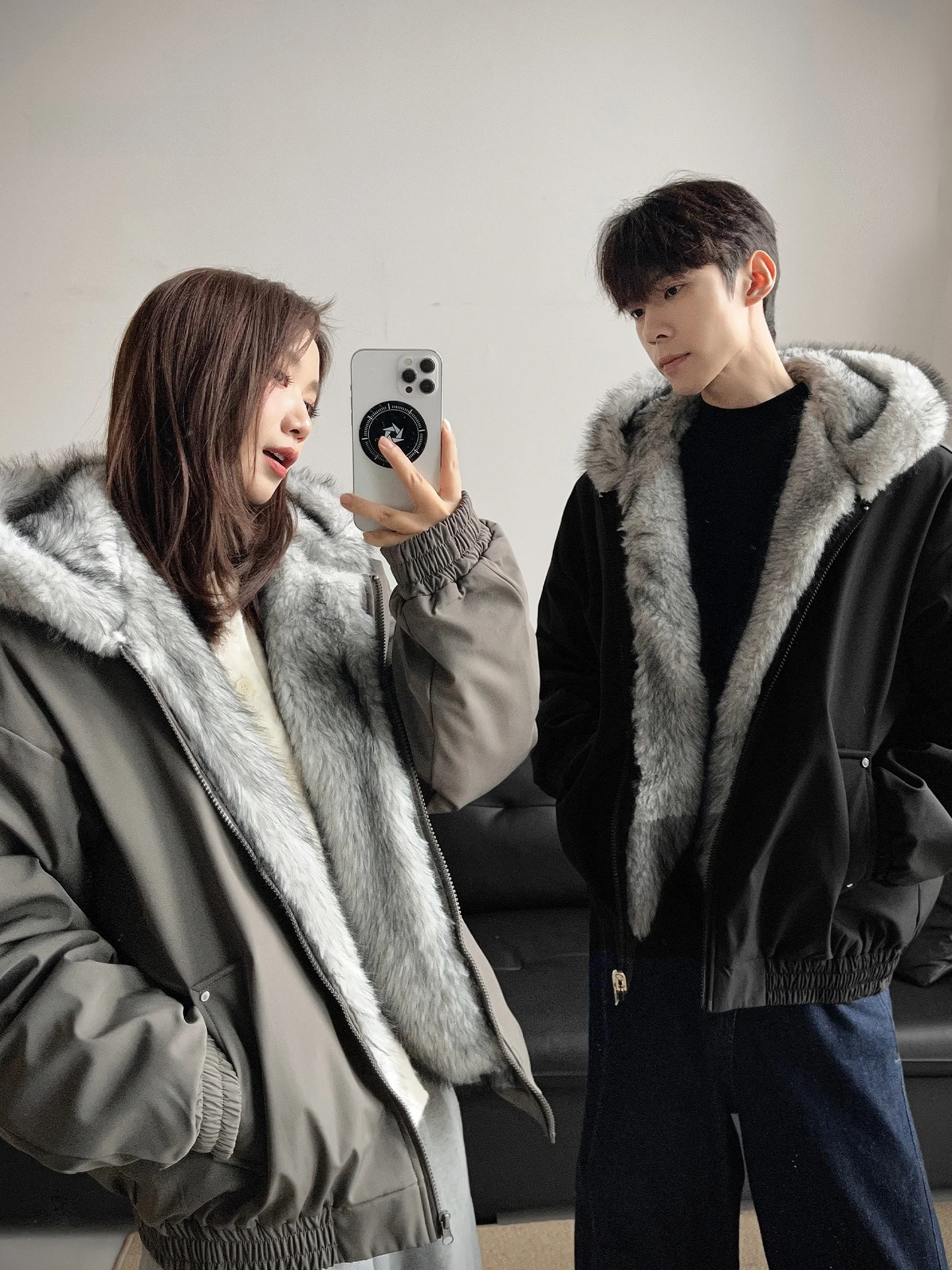 

American Sle Thiened Winter Cotton Jaet Men's Casual Faionable Couple's Faux Fur Collar Coat Warm Polyester Fabric