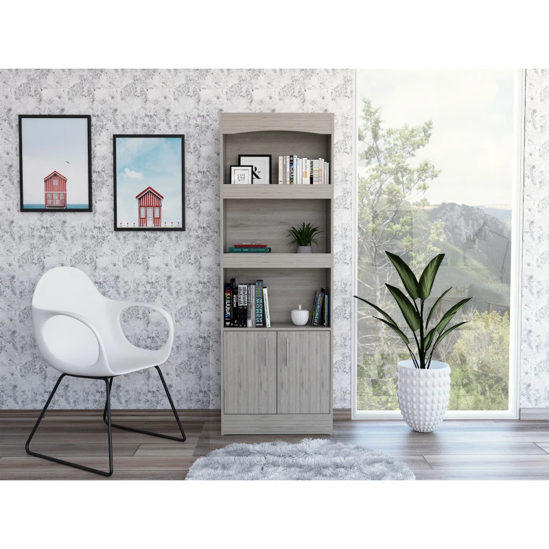 Simma Bookcase, Metal Hardware, Three Shelves, Double Door Cabinet -Light Gray