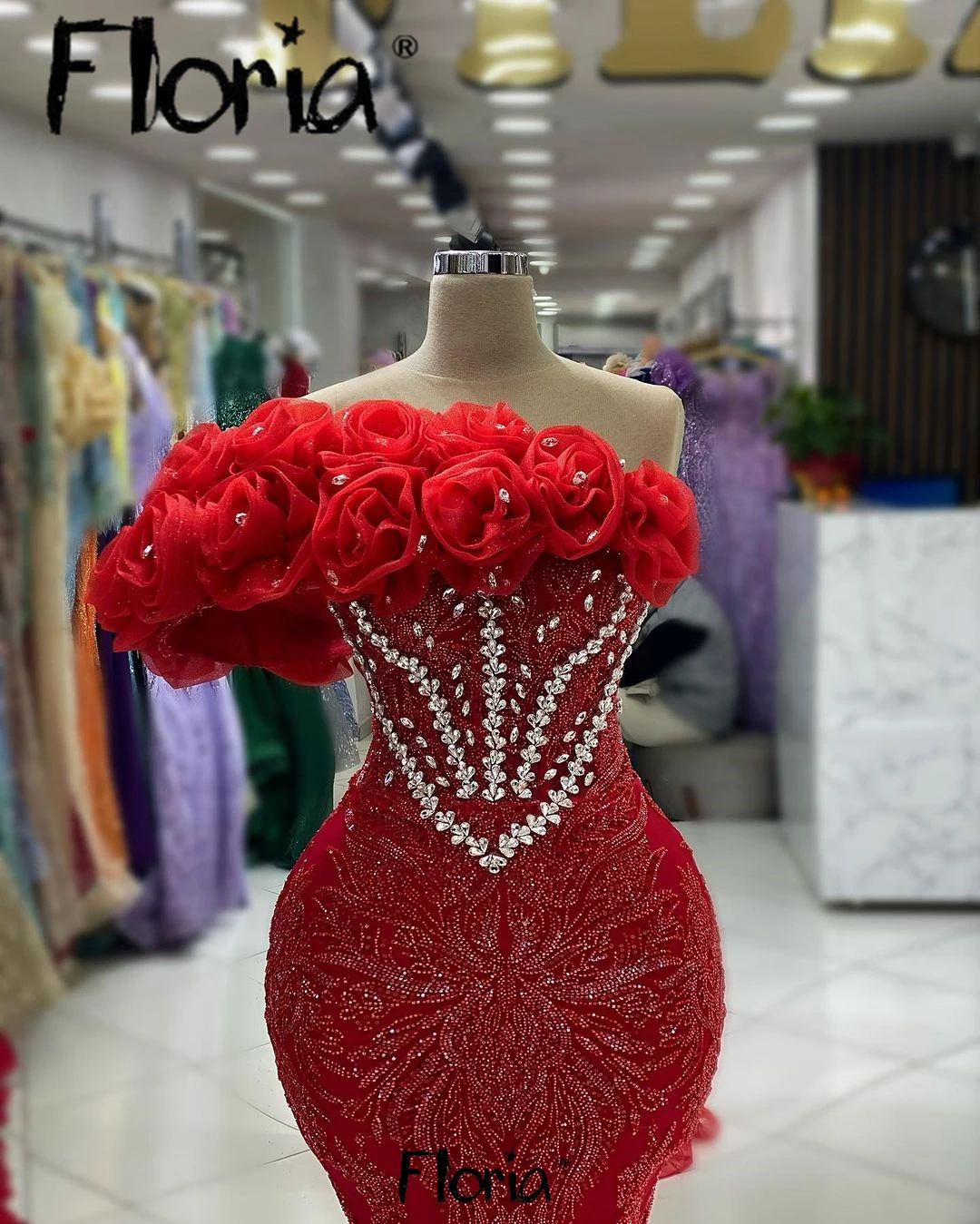 Floria-vestido de noche rojo Dubai para mujer, vestidos de fiesta de boda de sirena con flores elegantes de lujo, vestidos de graduación formales para cenas, 2024