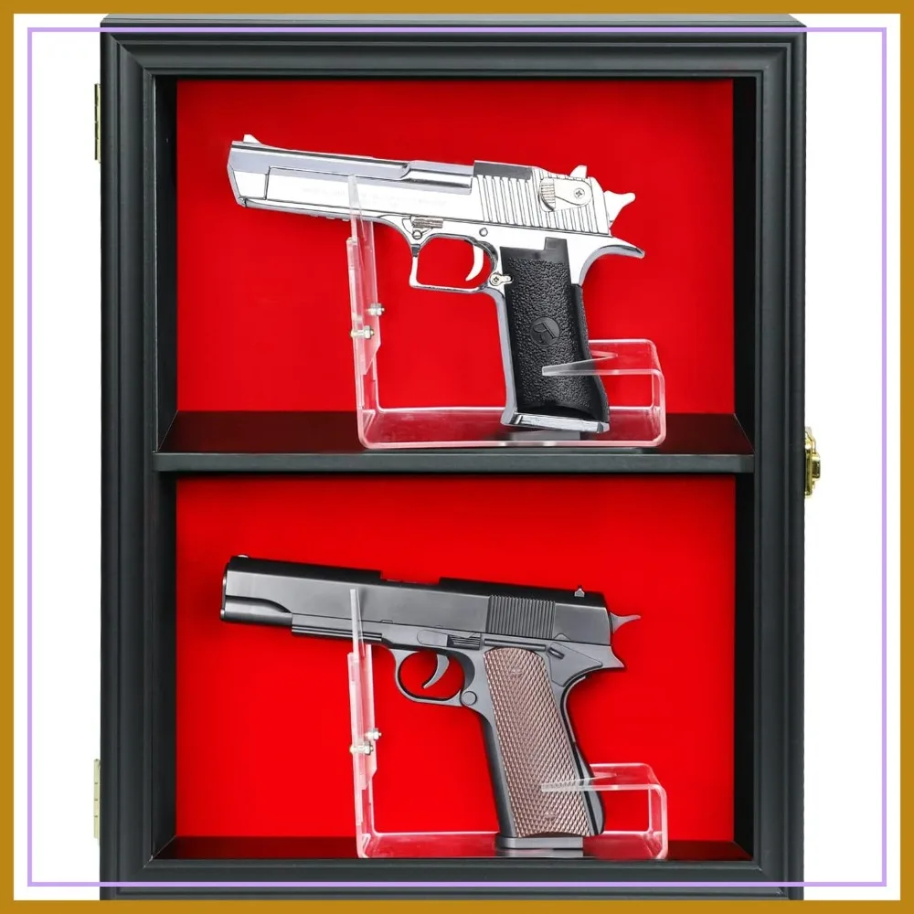 Lockable Wall Mount Gun Display Case for 2 Pistols, UV Protection Acrylic Door, Black Felt Interior