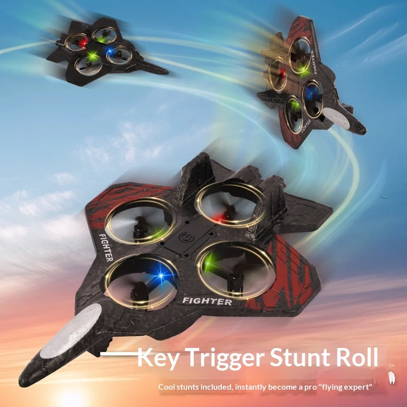 

Remote Control Fighter Jet Glider Drone Foam Rc Airplane With Led Lights One Key Stunt Roll Outdoor Indoor Toy For Kids Boys