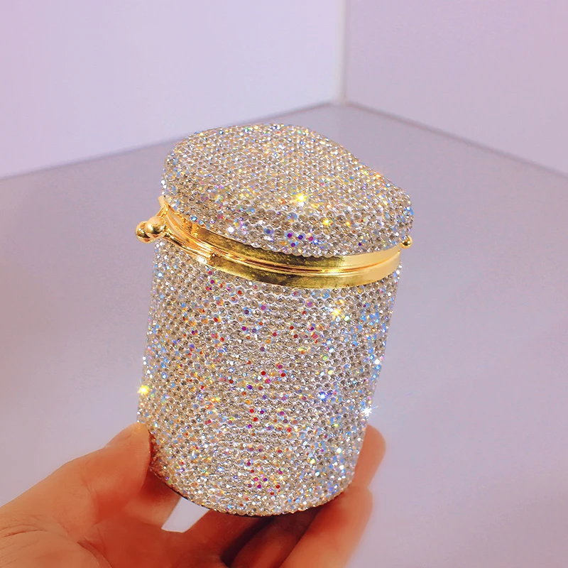 Sparkling Rhinestone Cotton Swab Storage Bucket Diamond Drawer Desktop Sundries Organizer Box With Cover Toothpick Holder Case