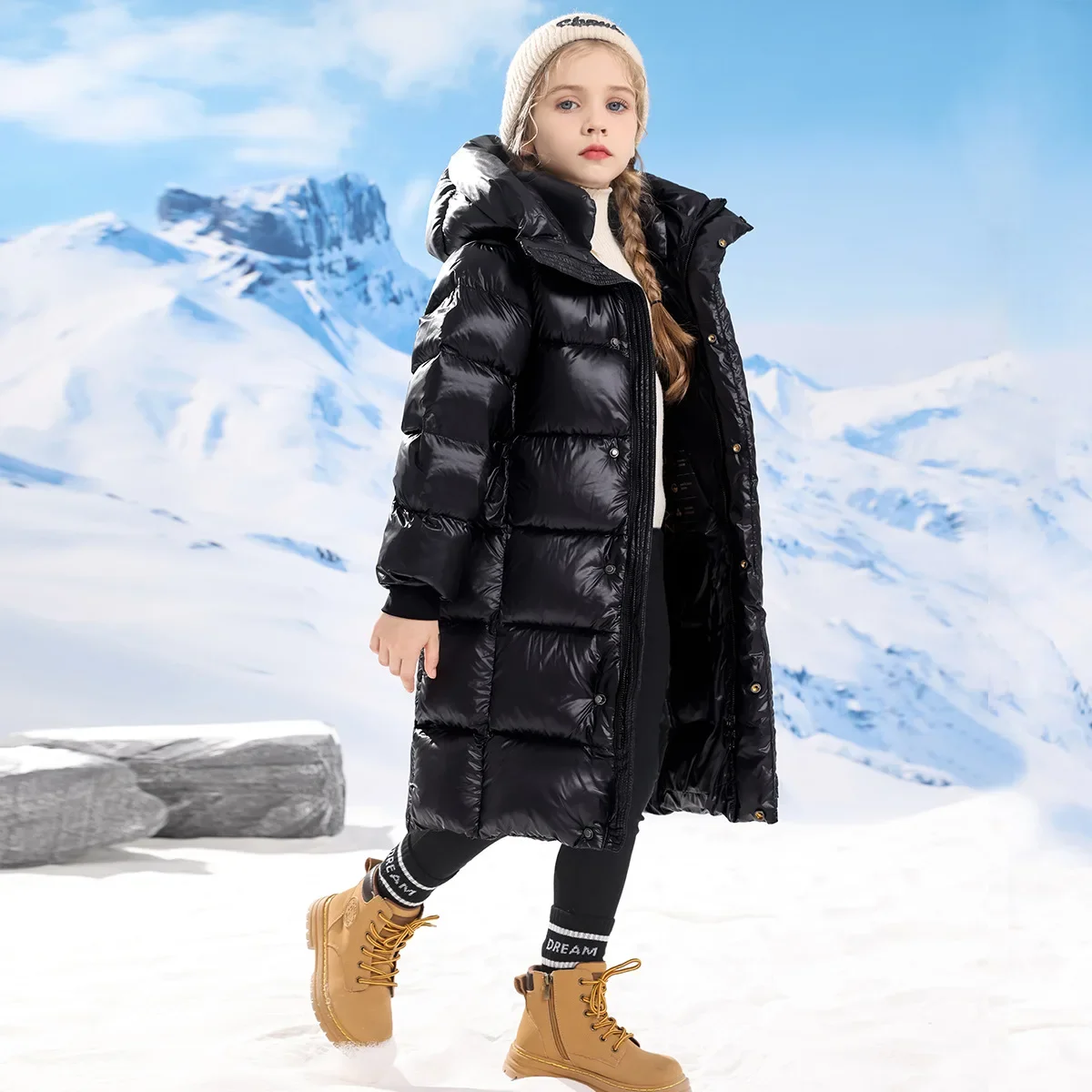 Chaqueta de plumón gruesa para niños y niñas, abrigo largo sobre la rodilla, ropa de moda, negro y dorado, invierno, nuevo