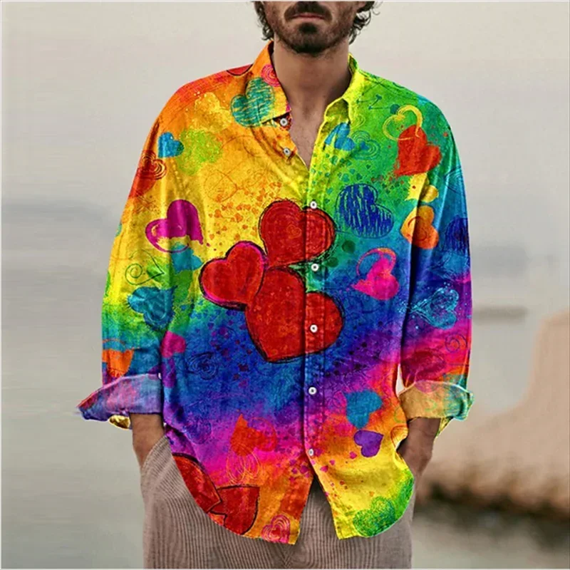 Summer Men Women Harajuku Colorful Love Shirts Rainbow Graphic Long Sleeve Lapel T-shirt Ropa Hombre Casual Oversized Male Tops