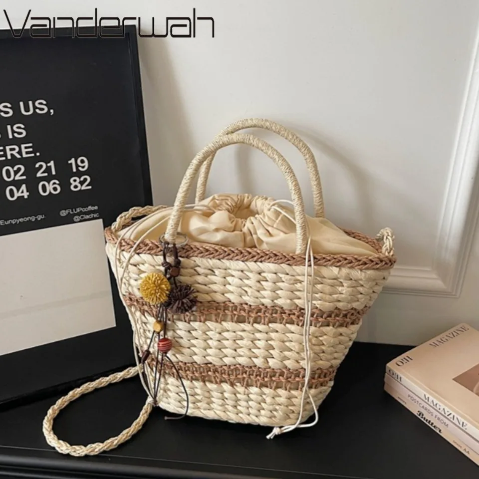 

Casual Beach Vacation Shoulder Crossbody Bags for Women Summer Style Striped Handmade Straw Woven Bag Large Capacity Handbag New