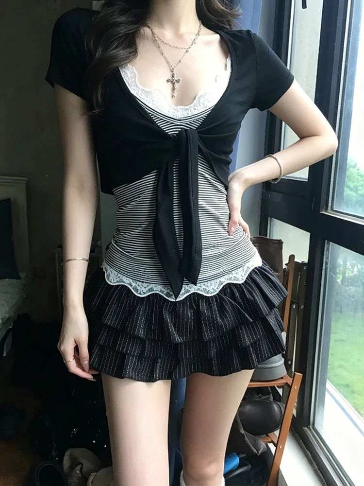 Genayooa Japanische Y2k Zweiteilige Oberteile für Damen, kurzärmelig, schmal geschnitten, mit Schnürung, gestreift, Camis-Tops, koreanischer Stil, T-Shirts, Fairycore – Detail 8