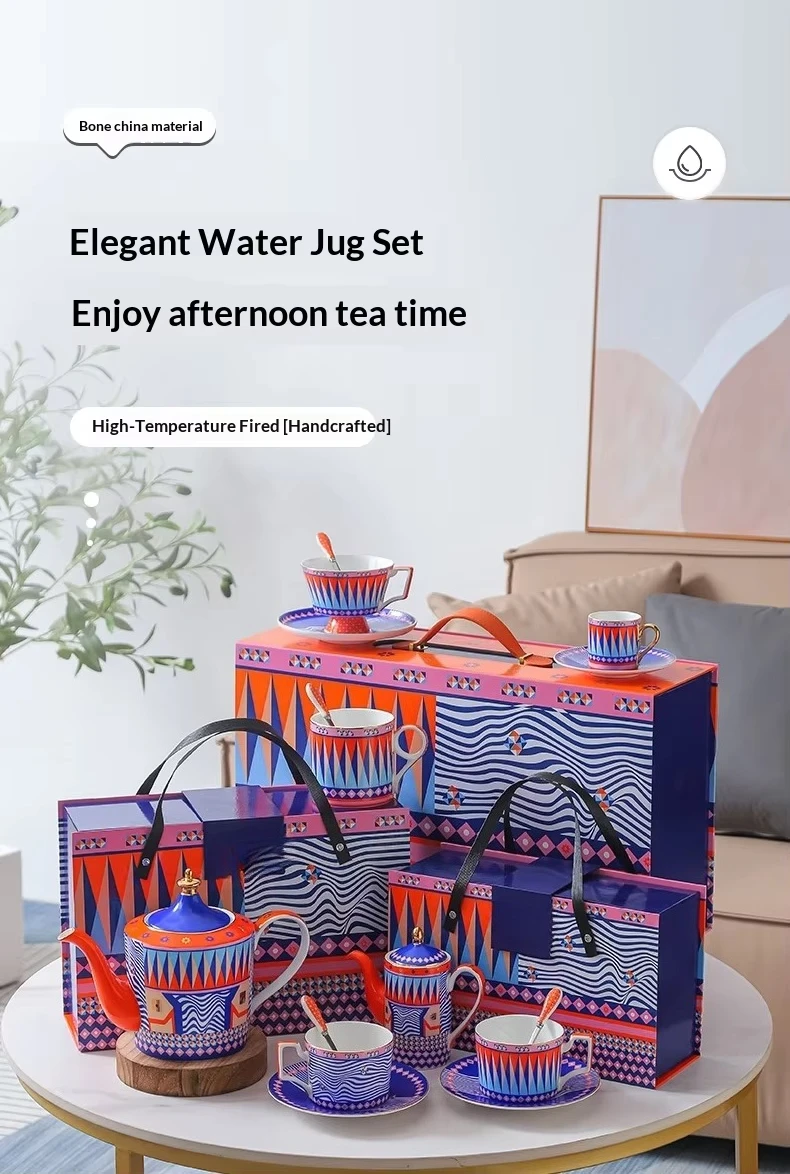Light luxury retro ceramic coffee cup gift box set geometric pattern durable afternoon tea saucer matching cup couple