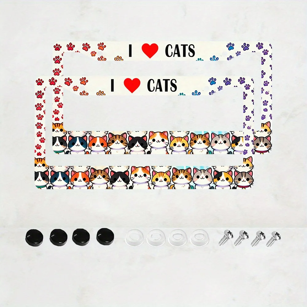 Set of 2 I Love Cats Paw Print License Plate Frames/Colorful Cat Design/Suitable for American Cars of Aluminum Fun Car Additions
