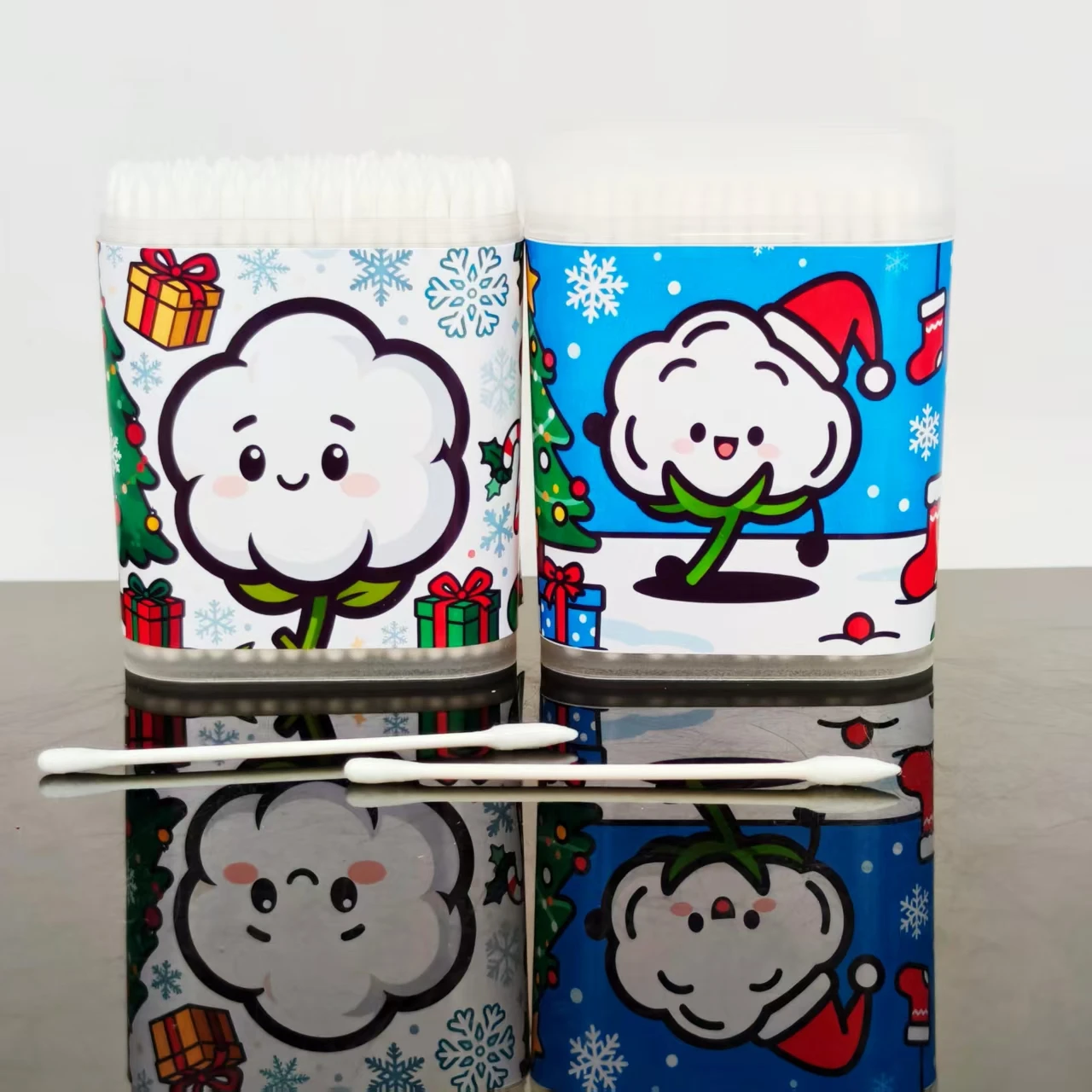 400 Stück/600 Stück Weihnachts-Design-Wattestäbchen, weißes Weihnachtsthema-Muster, feinachsiges Wattestäbchen