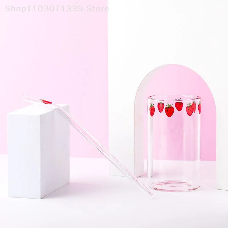 Ins Strawberry Glasses Heat Resistant Coffee Milk Water Cups with Straws Clear Cute Juice Smoothie Cold Drinks Straw Cup