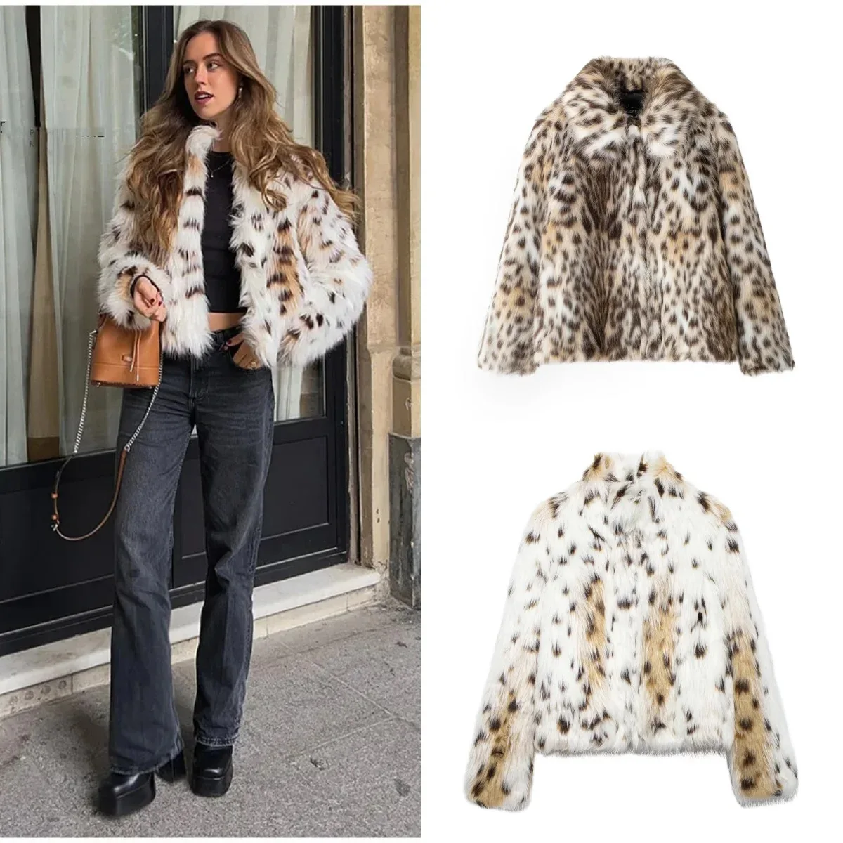 Women Faux Fur Coats Leopard Print Full Sleeve Turn Down Collar Coat Thick Warm Y2k Streetwear Elegant Splice Autumn Winter