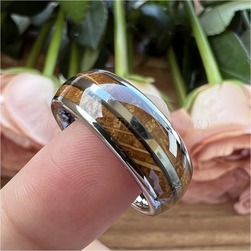 Trendybands 8mm Wholesale Whisky Barrel Oak Wood Inlay Tungsten Carbide Ring for Men Women Fashion Engagement Wedding Band