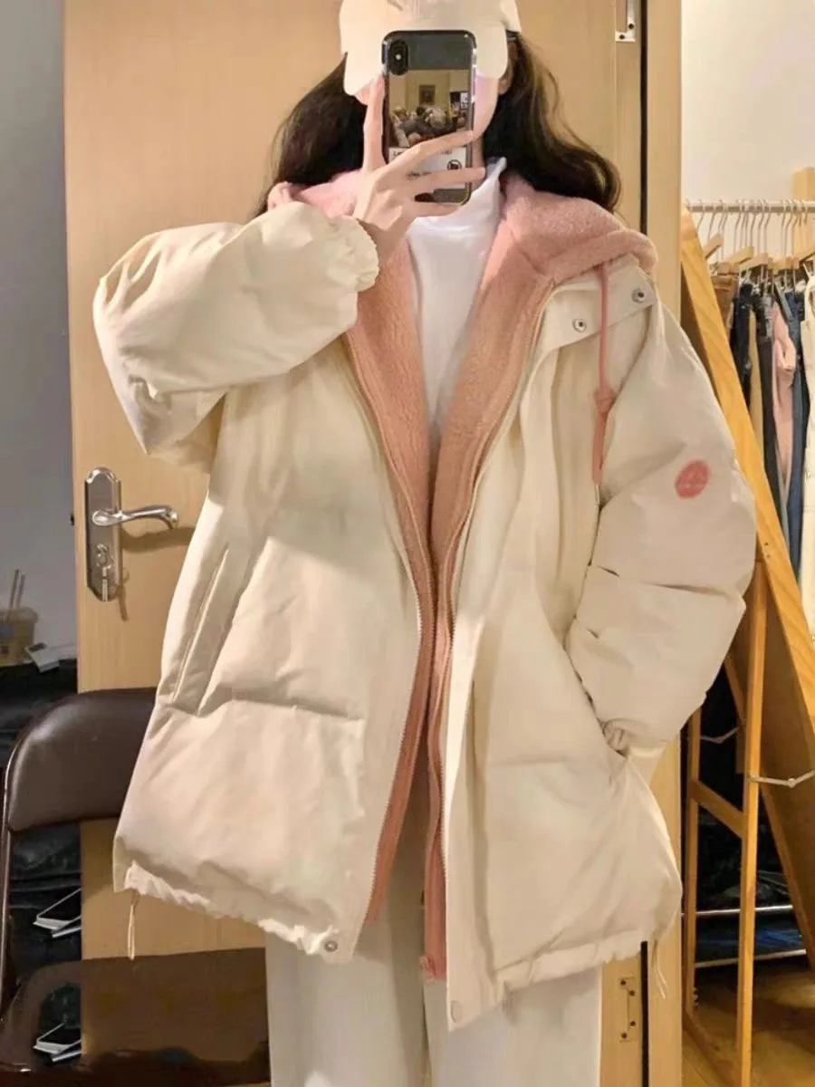 Nep twee donsjassen herfst winter nieuwe Koreaanse stijl kleur geblokkeerd losse jas dikke pluche modieuze katoenen jas met capuchon