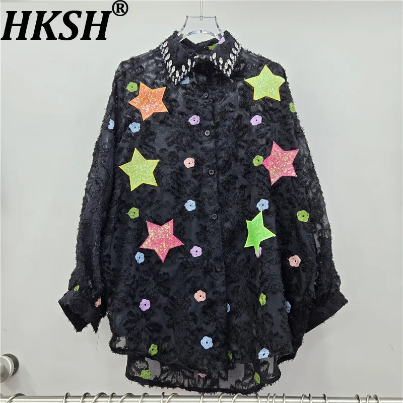 

HKSH Осенняя новая женская рубашка Tide Heavy Craft с блестками и бриллиантами с отложным воротником и длинными рукавами High Street Элегантные шикарные топы HK9486