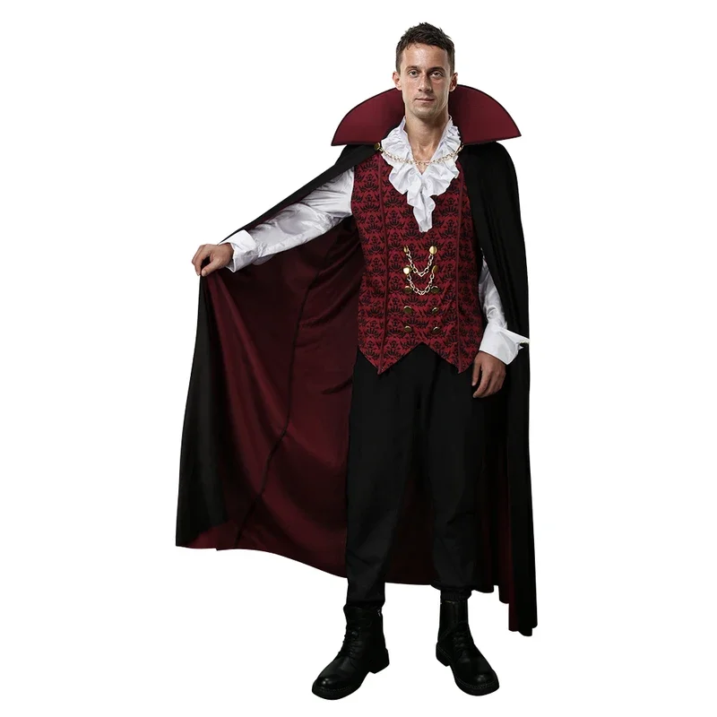 Vampire Costume for Adults False Two-piece Shirt Bat Printed Black Cloak Mantle Halloween Cosplay Outfits