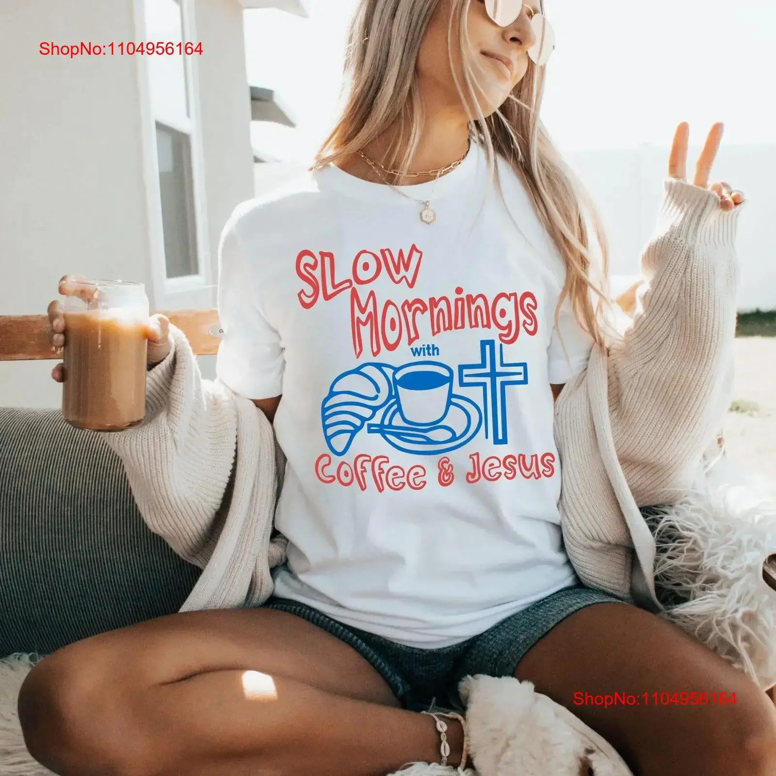 

Slow Mornings graphic tee retro aesthetic coffee and jesus shirt is king Faith over fear gift based apparel God good vintage