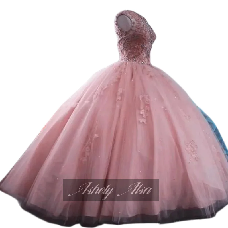 Ashey Alsa-Vestidos De quinceañera rosa, vestido De baile con cuentas De cristal, dulce vestido De 16, joya De tul, transparente, espalda dura, vestido De Graduación