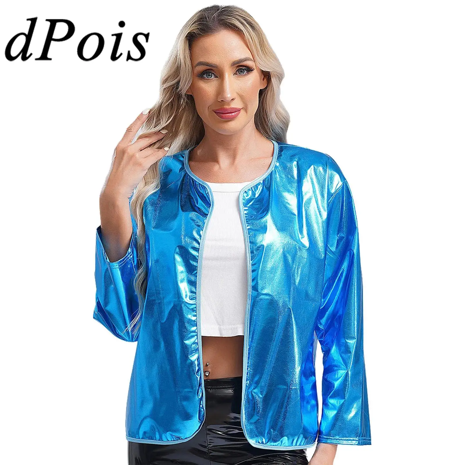 

Fashion Womens Metallic Coats Shiny Clubwear Cardigan Jackets Open Front Outerwear Rave Streetwear Music Carnivals Party Costume