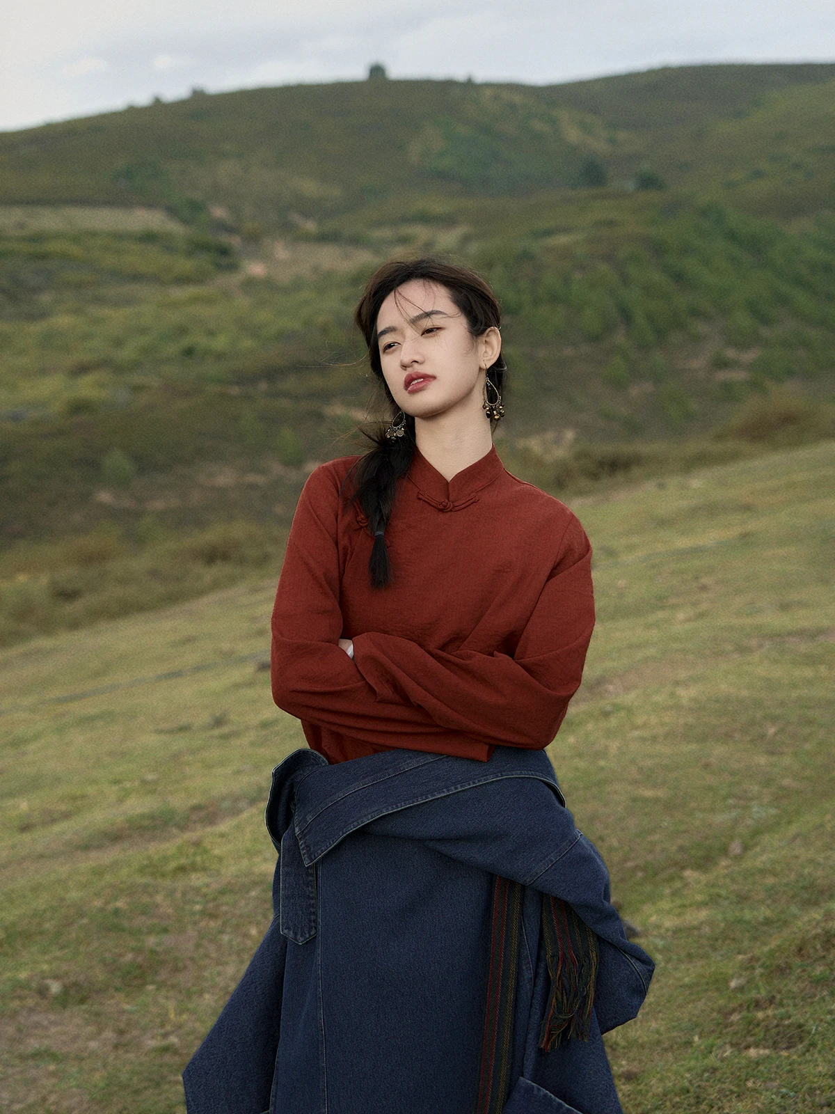 Stand-up Collar Long Sleeve Shirt Women's Oriental Simple Tibetan Traditional Ethnic Style