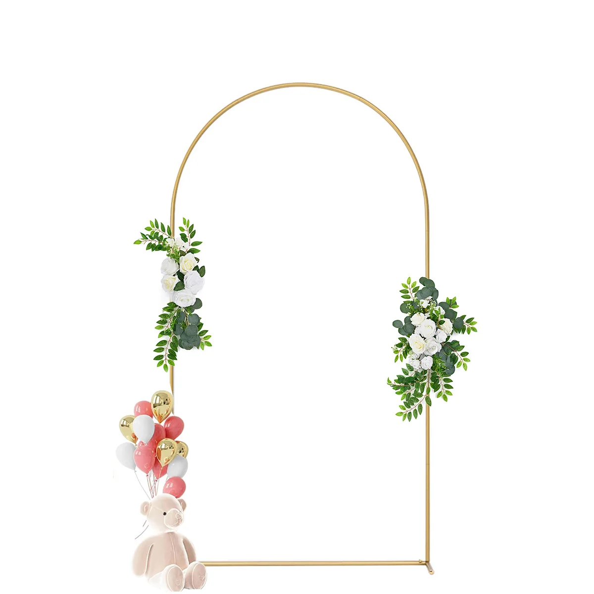 7.2 FT Wedding Arch Backdrop Stand and 2 Sets Artificial White Rose Flowers Metal Arch Stand for Birthday Party Wedding Ceremony