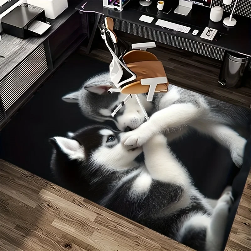 2D Flat Cute Husky Puppies Playing Black Background Flannel Area Rug Non Slip Pet Lover Carpet For LivingRoom Bedroom FloorDecor