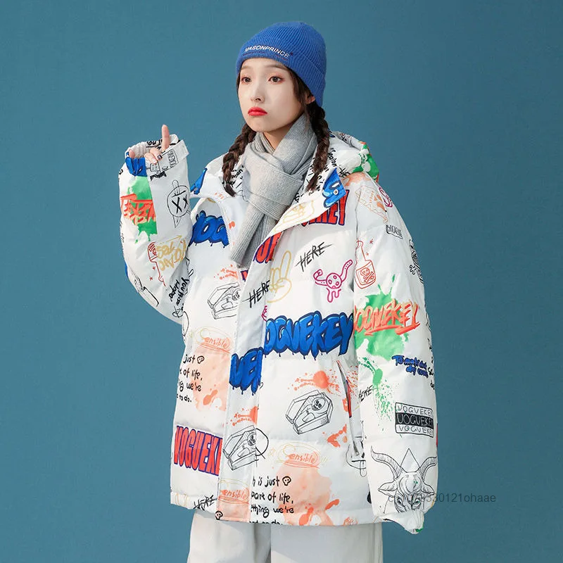 Street Cute Cartoon Graffiti Cotton Jacket Women's Oversized Trend Winter Cotton Coat Japanese Style Harajuku Design Zipper Coat