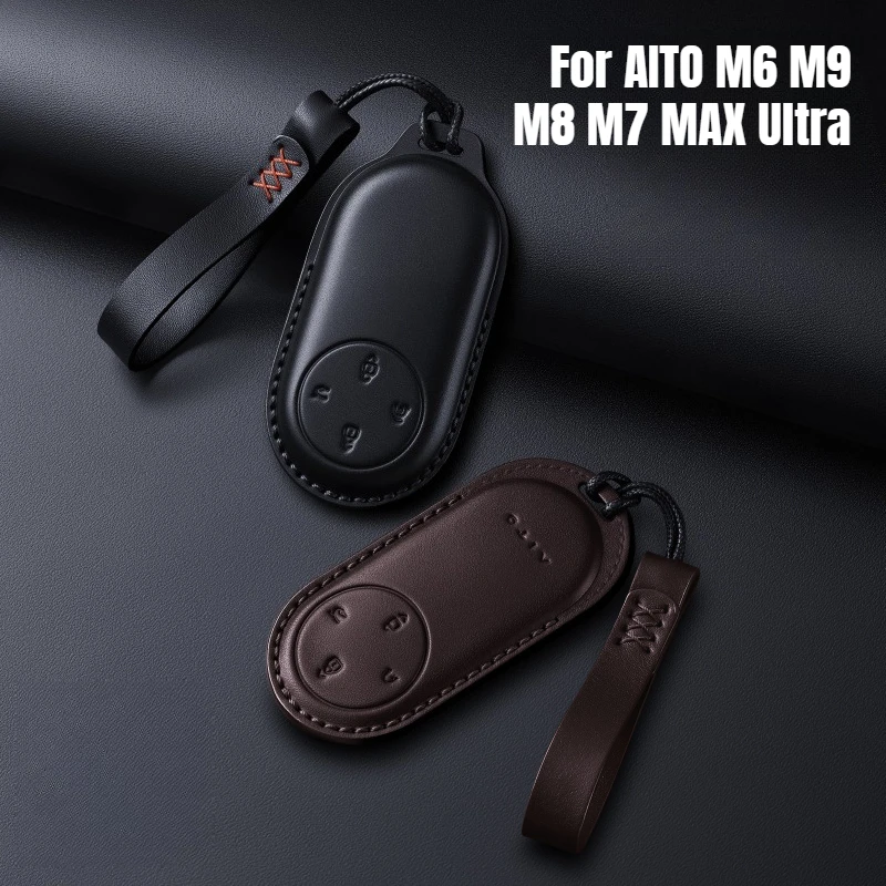 For AITO M6 M9 M8 M7 MAX Ultra Car Key Shell Genuine Leather Auto Key Cover Case Bag with Bracelet Full Protection Accessories