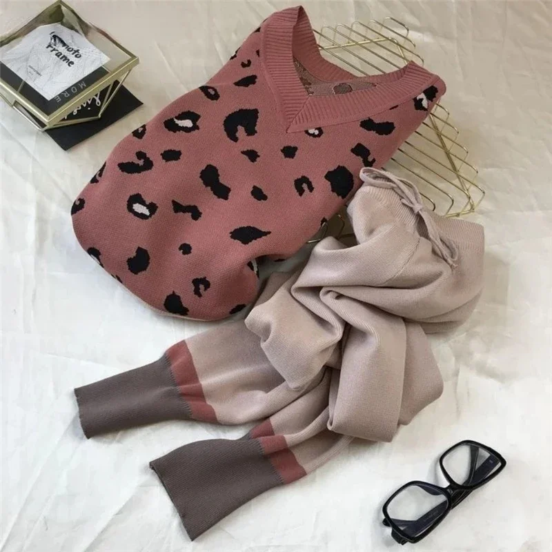 

Leopard Print Knitted 2 Piece Sets for Women Casual Loose V-neck Sweater Pullovers Outfits Contrast Color Harem Pants Suit N295