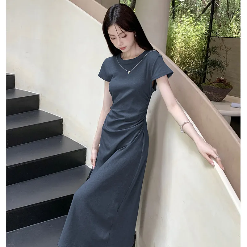 2025 夏の新韓国半袖 Tシャツドレスロングドレス女性カジュアルファッションスウィーティー気質スカート美少女