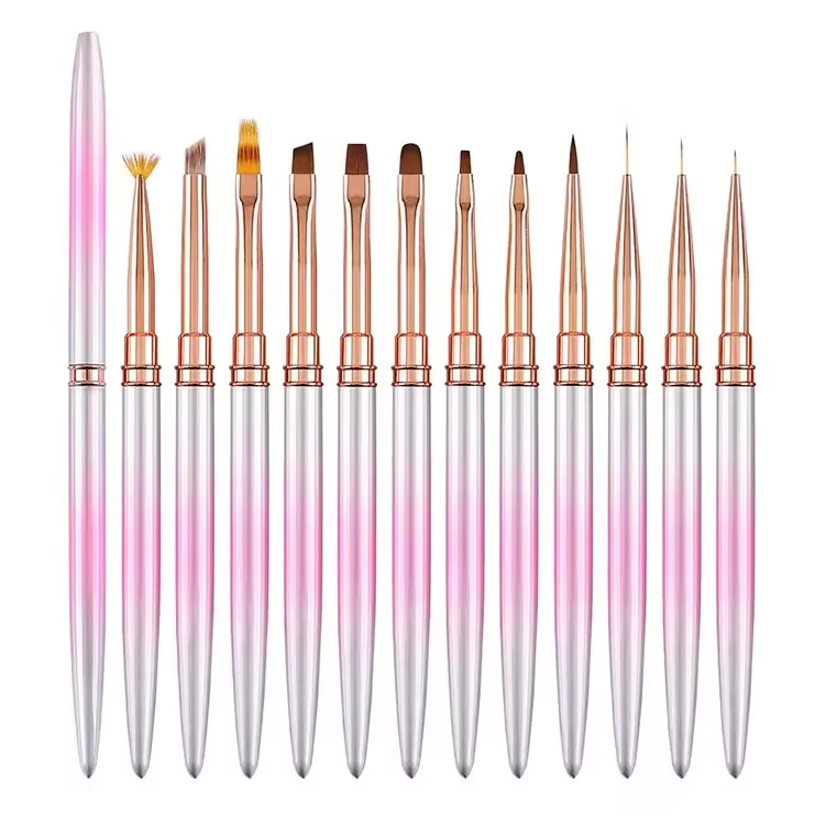 12Pcs Nail Brushes Set with Pink Ombre Handle, Full Collection for Nail Design Liner Blending Gel Painting