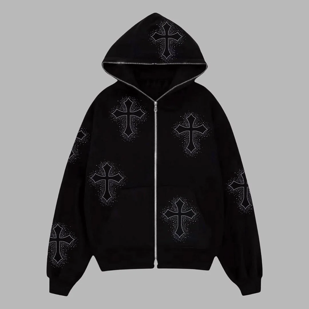 Y2K Full Zip Hoodie Women Rhinestone Cross Pattern Gothic Streetwear Oversized Sweatshirt Vintage Grunge Jacket Aesthetic Top
