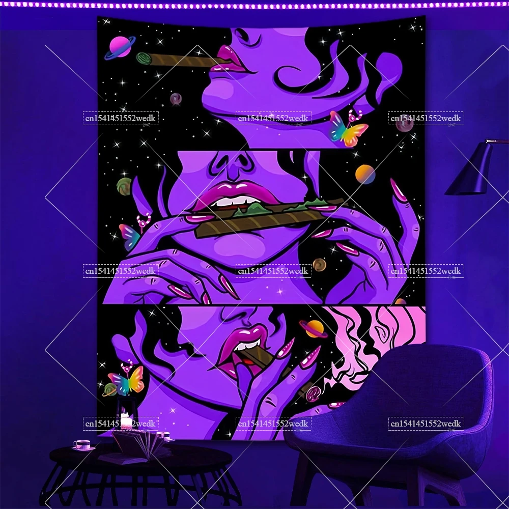 UV Reactive Smoking Girl Blacklight Tapestry Glow In The Dark Jellyfish Women Fluorescent Tapestrys Aesthetic Neon Backdrops