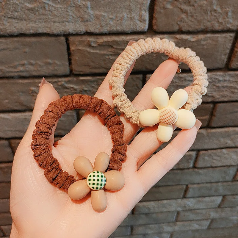 Kawaii Rubber Elastic Hair Bands Tie Bobbles Headwear Coffee Color Simple Floral Heart Rope Headband for Girls Kids Accessories