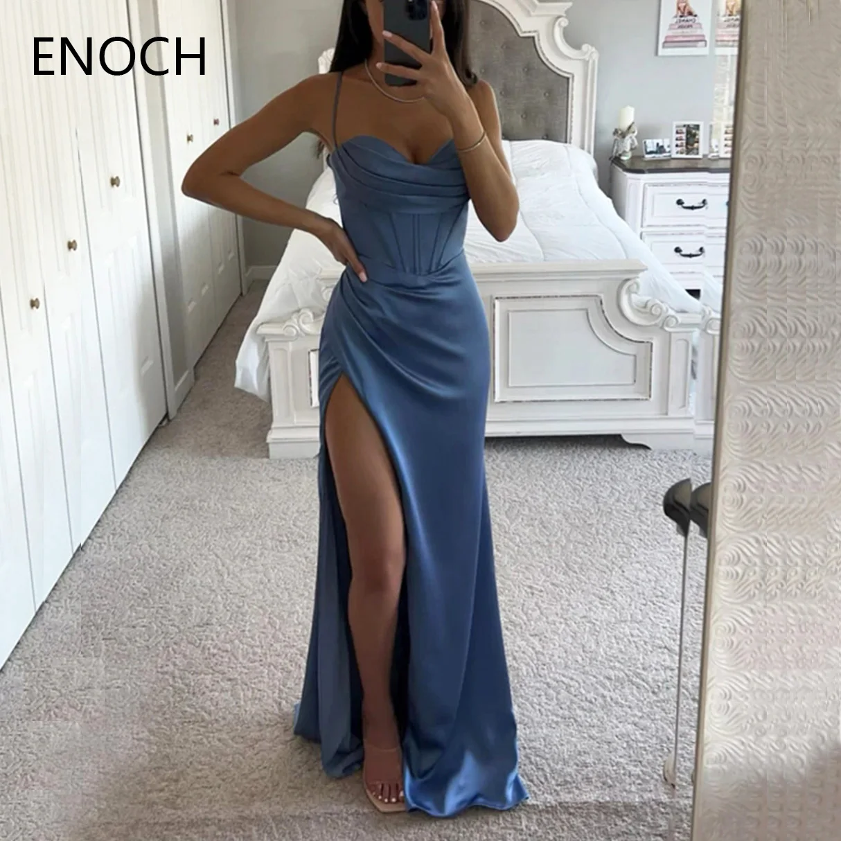 ENOCH Sexy Side Slit Sereia Vestido de Noite Novo Spaghetti Straps Querida Backless Satin Party Prom Vestidos Formais فساتين الحفلات