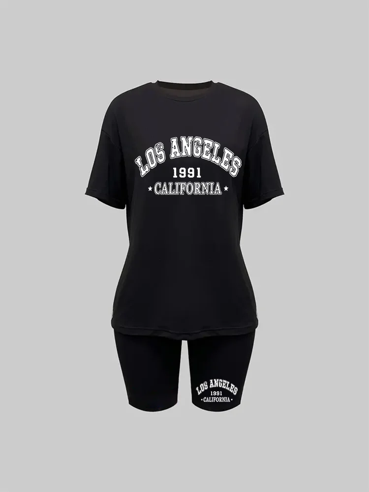 Los Angeles print paired with a two-piece set, casual short sleeved T-shirt and drawstring shorts set, women\'s clothing