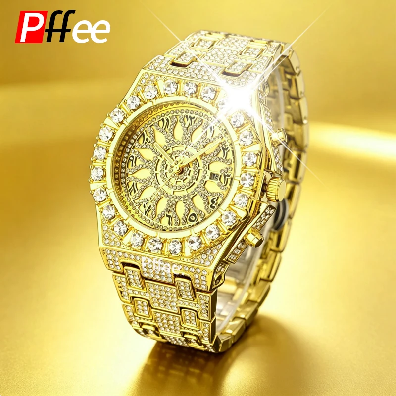 Pffee Hip Hop Wristwatch For Men Luxury Full Diamond Watches Gold lce Out Fashion Silver Watch Wterproof Week Display Clock Gift