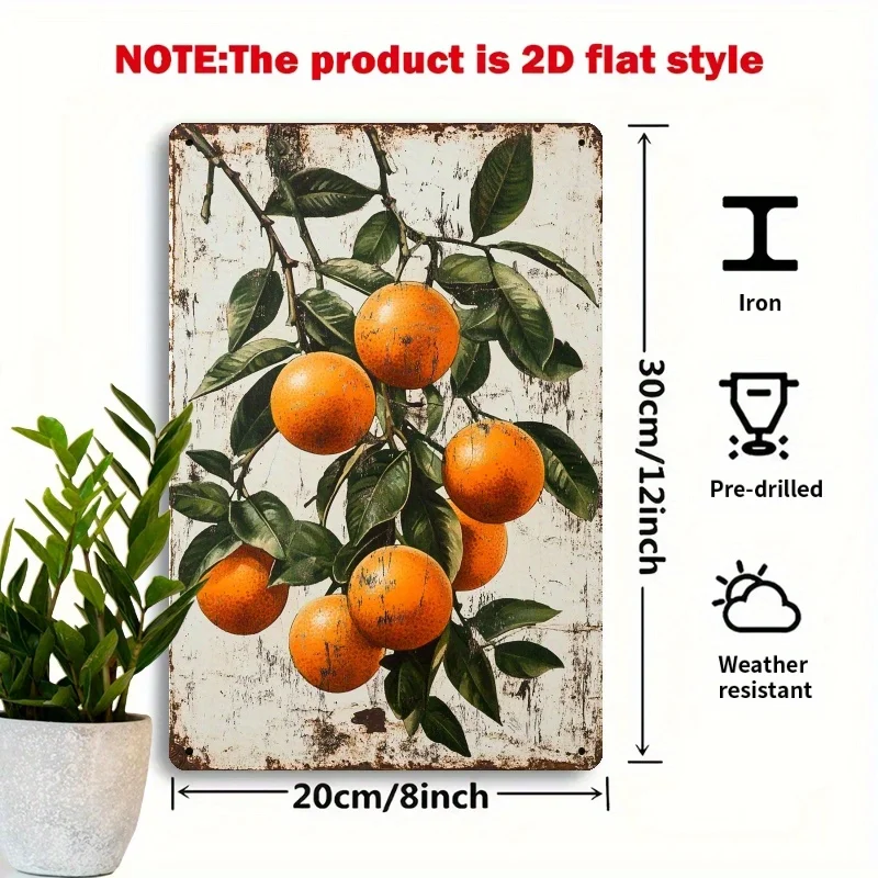 2D Flat, 1pc Rustic Orange Grove Metal Wall Decor Sign - 8.0X12.0 inch Vintage Iron Art with Distressed White Background & Vibra