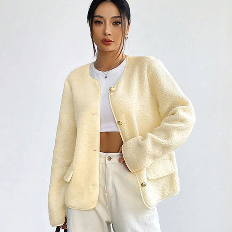 

Новое женское плюшевое пальто, осень-зима, однотонное модное пальто с карманами и круглым вырезом на пуговицах, теплая плюшевая универсальная повседневная тонкая верхняя толстая куртка