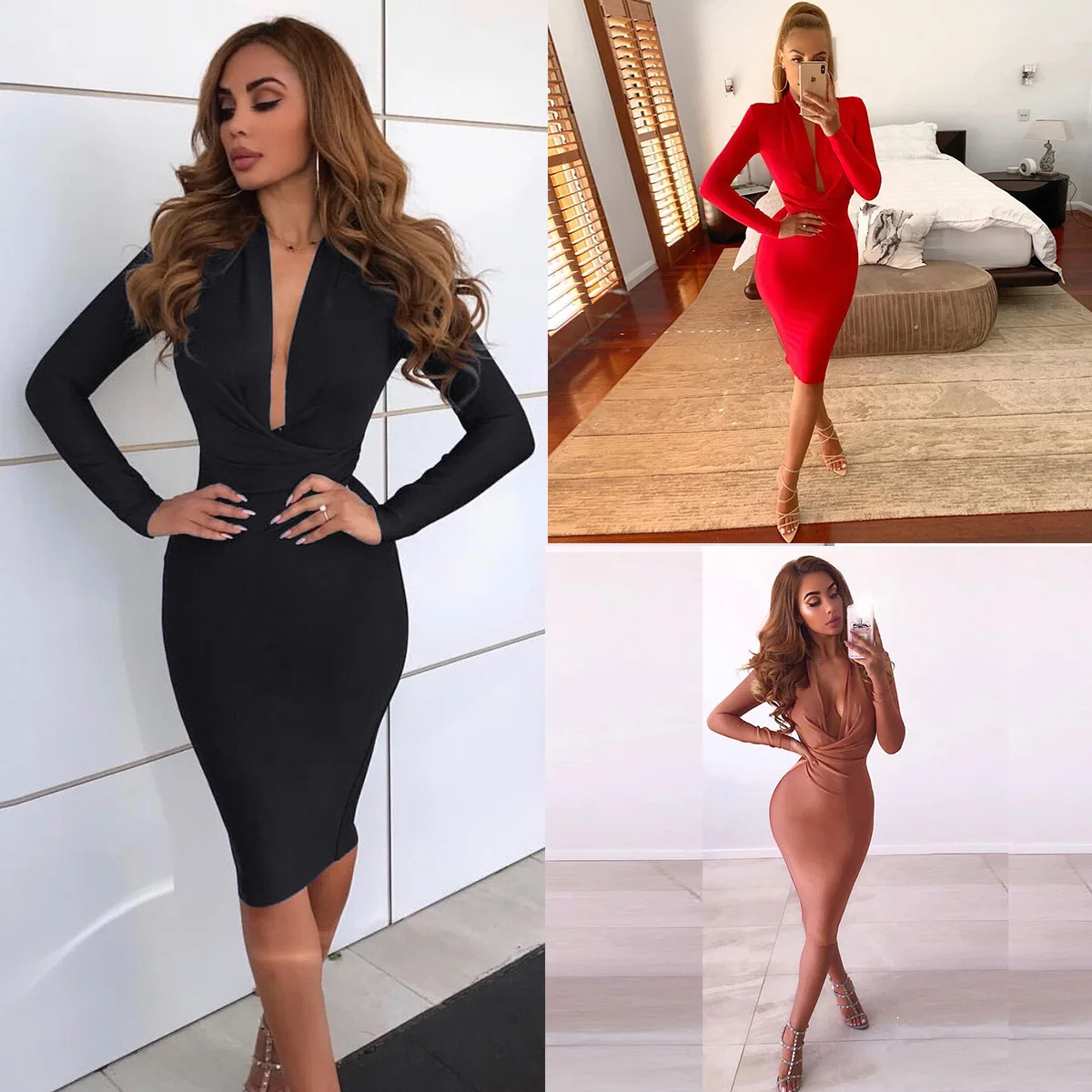 

Ladies Boho Dress Nice Fall Winter Deep V-Neck Sexy Package Hips Women's Dresses Fashion Long Sleeve Bodycon Midi Dress Vestidos