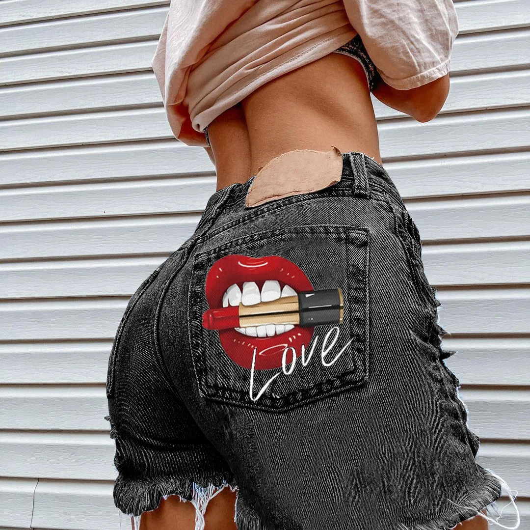 

New Styledenim Shorts For Womenwomen's 2022 New Summer Teenage Girl Style Street Net Red INS Mouth Bite Lipstick Print Pattern H