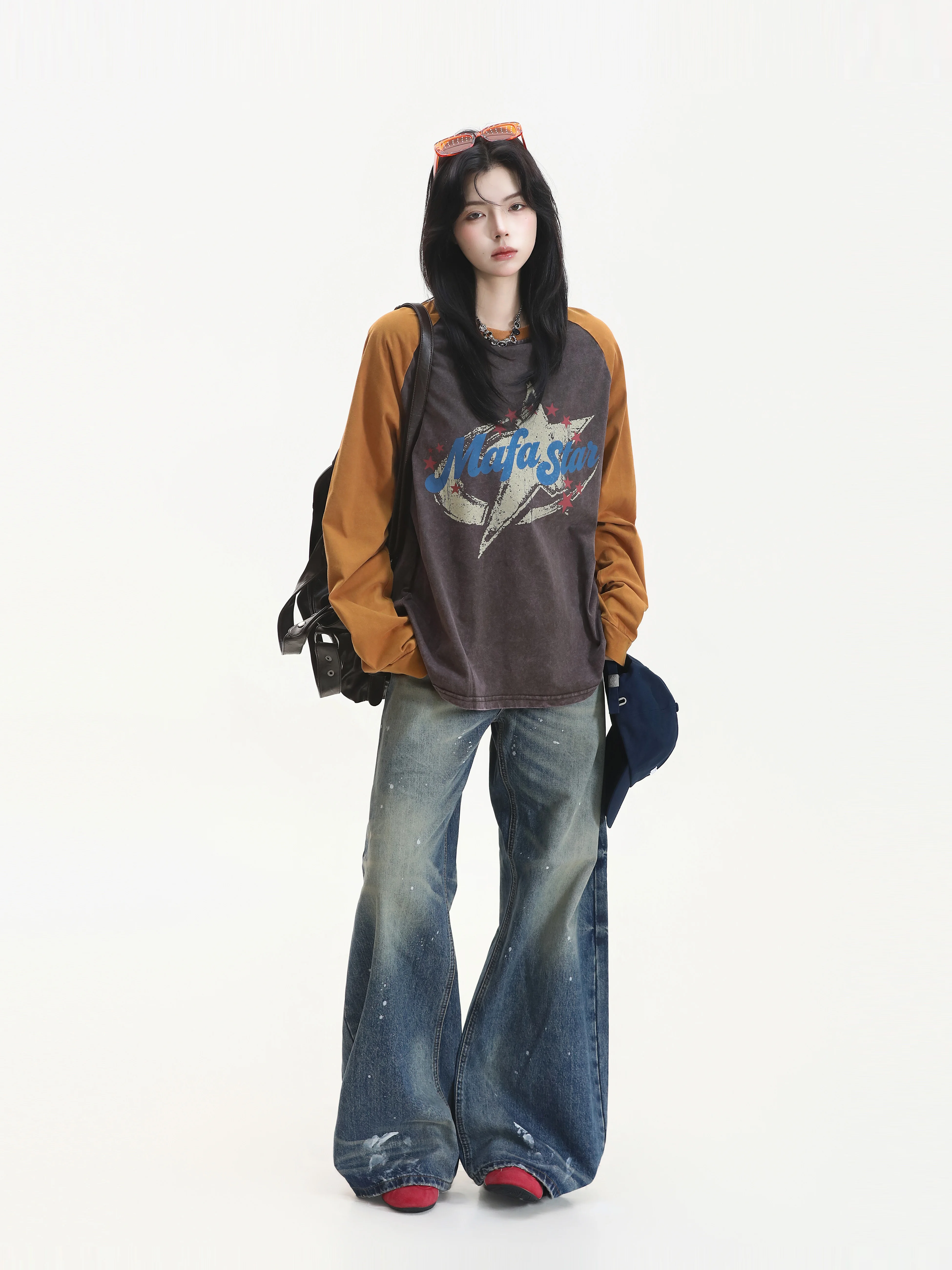 American Retro Color Block Design Star Print round Neck Long Sleeve T-Shirt Loose Fit Casual Style Cotton Autumn Wear for Women
