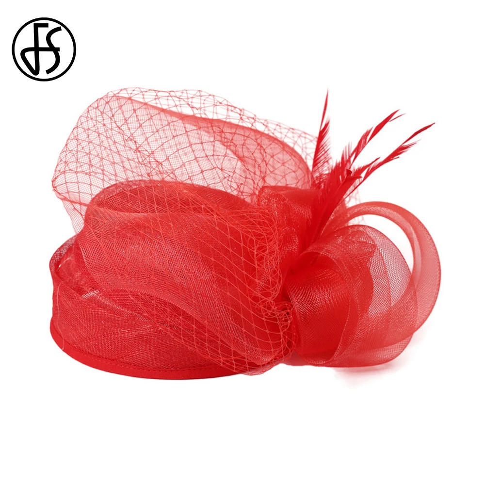 FS Bridal Wedding Red Hats Fascinators For Woman Church Cocktail Tea Party Sinamay Feather Veil Headdress Elegant Derby Cap 2024