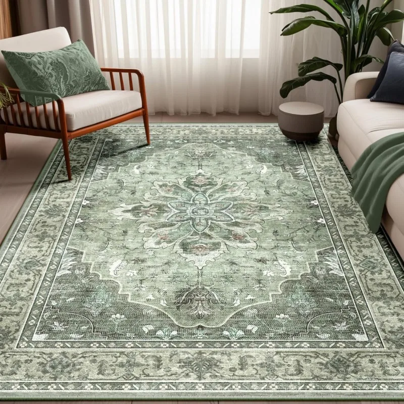 Distressed Traditional Persian Style Carpet Sage Floral Medallion Living Room Rug Non-Slip Soft Boho Indoor Home Decor Rug