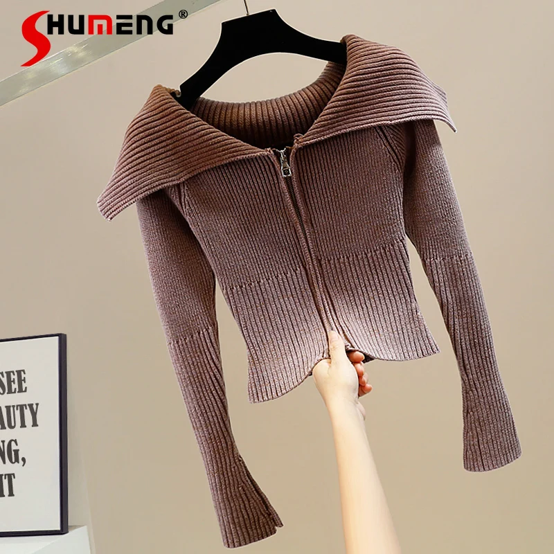 

Double Zipper Split Flare Sleeve Knitted Sweater for Women Short Knitting Top 2023 New Autumn Winter Slim Sweaters Cardigan