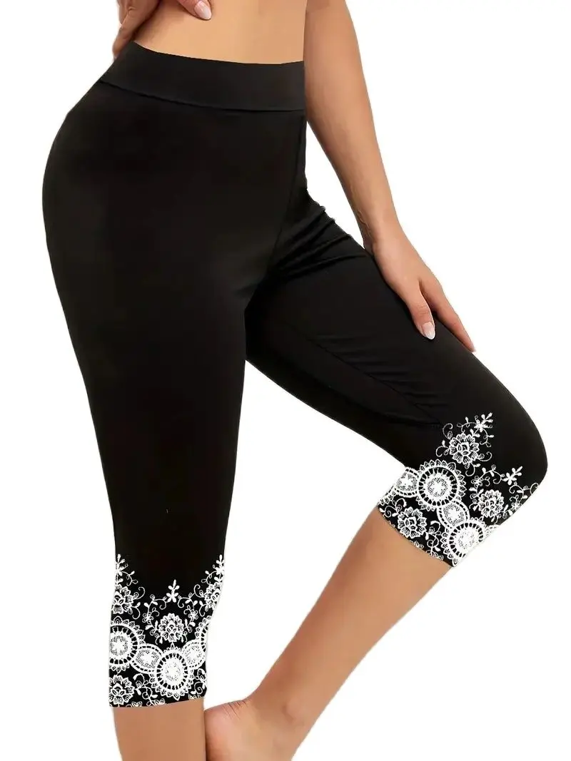 Print elastic elastic waist slim-fit leggings casual women\'s capri pants