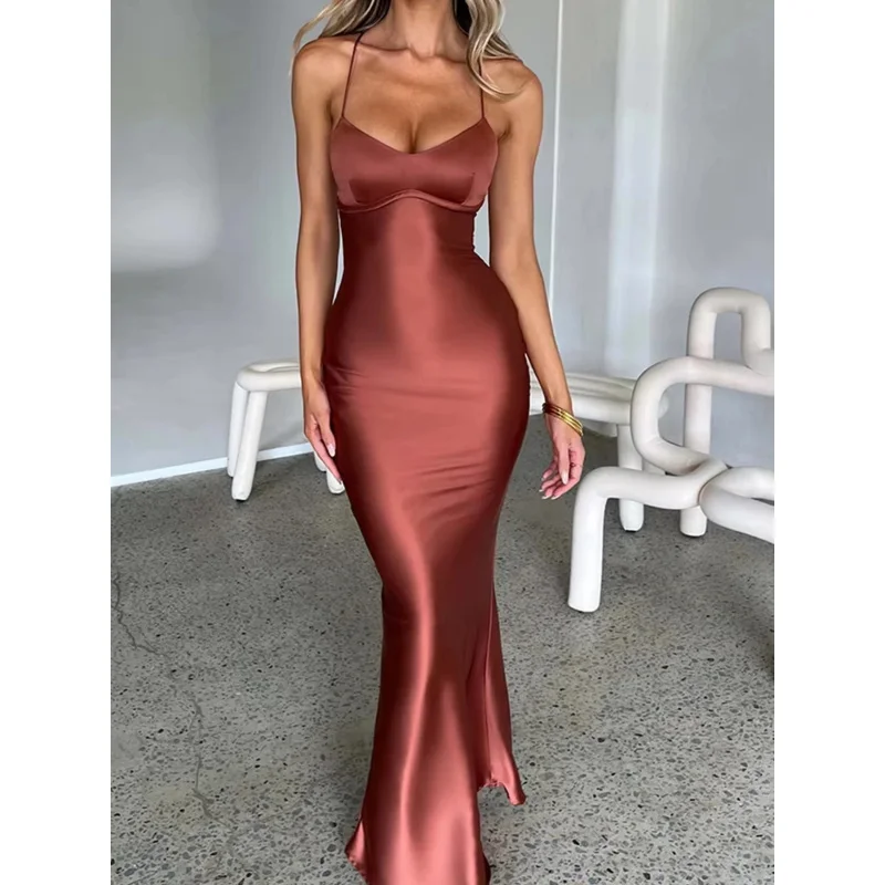 女性のセクシーなバックレスマーメイドドレス – サテンレースアップボディコンドレス、恋人ネックエレガントパーティースリップドレス、シルクイブニングウェア