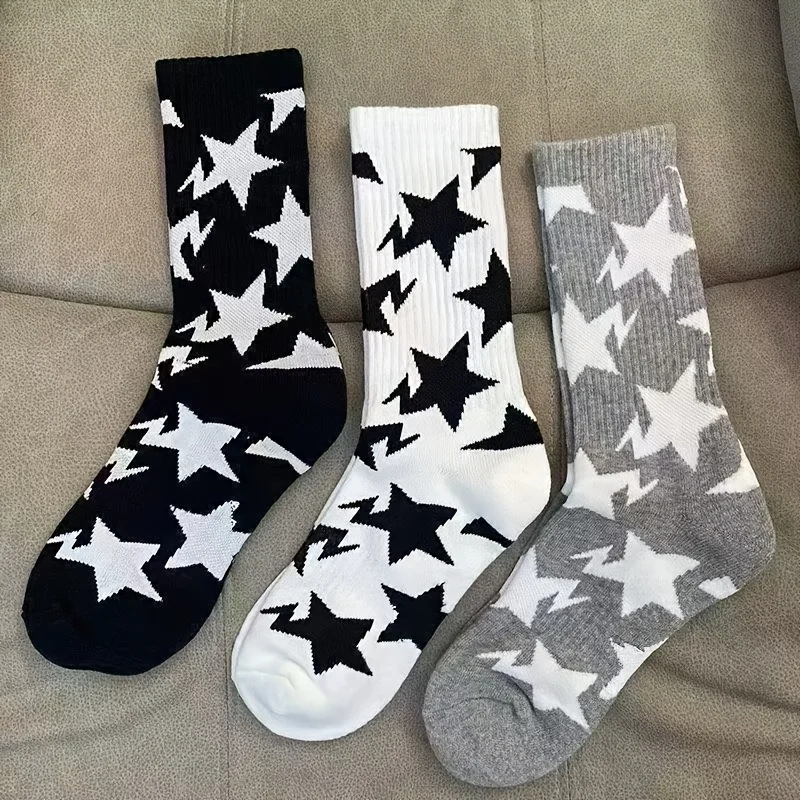 3 Pairs - Star Mid-Tube Socks Black White Gray Three Colors Street Style Sports Couple Socks Unisex Black White Star Trendy Sock